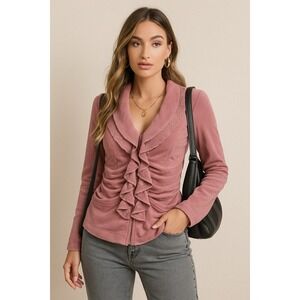 Y2K Pink Ruffle Lace Velour Zip Up Size Small Coquette Dollcore‎ Softgirl